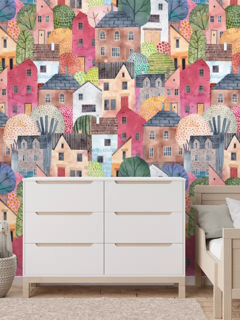 Kids Watercolor Cute Town House Wallpaper Mural