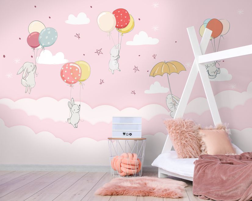Rabbits with Air Balloon Wallpaper Mural