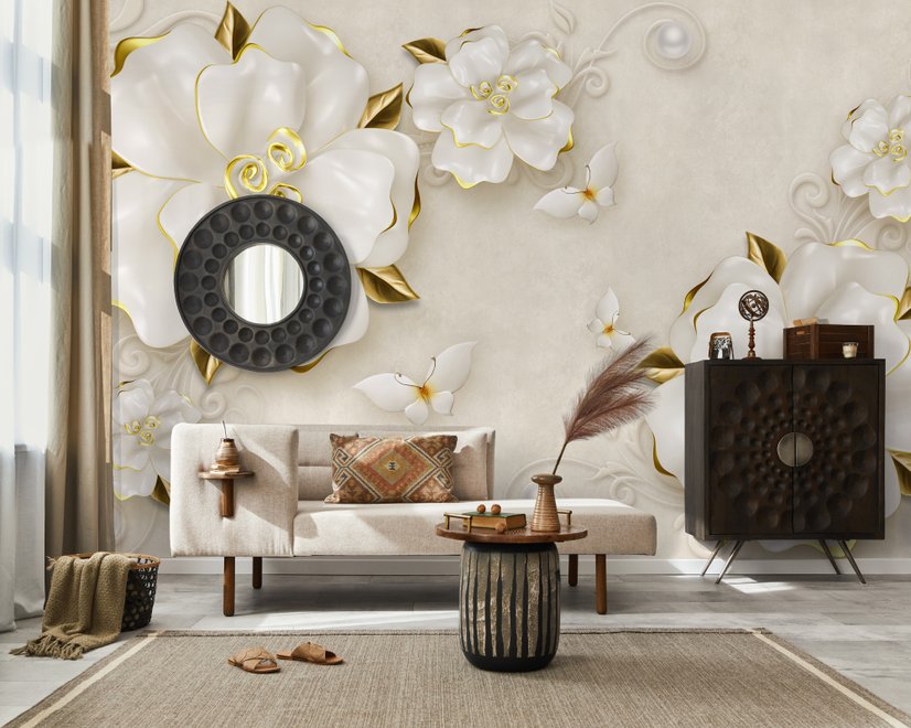 Papier peint panoramique roses bijoux effet relief 3D