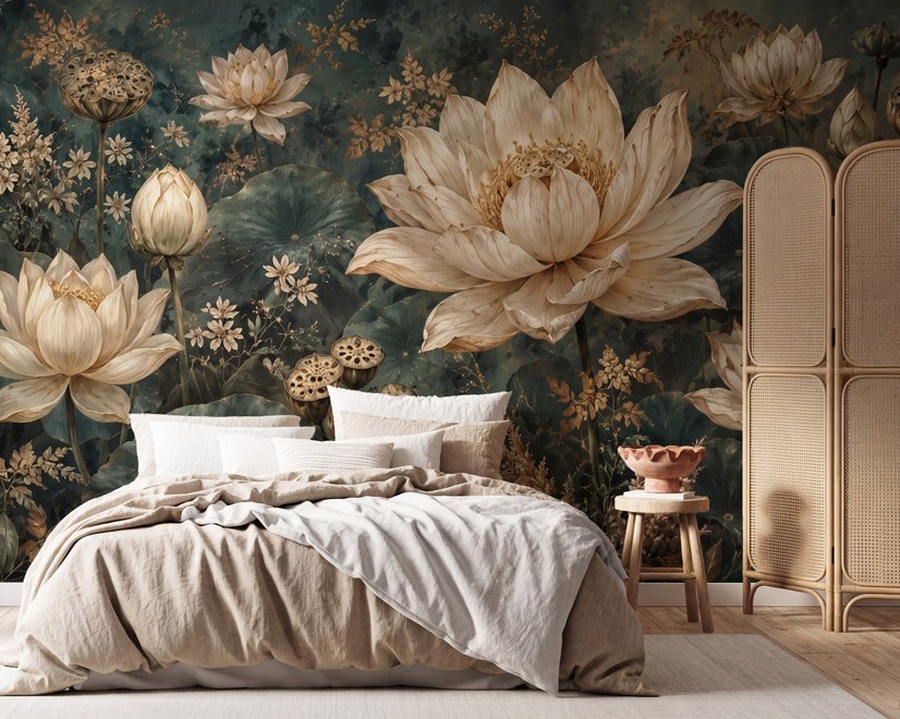 Ivory lotus flowers and seed pods on charcoal teal lily pads in a botanical lotus wallpaper mural