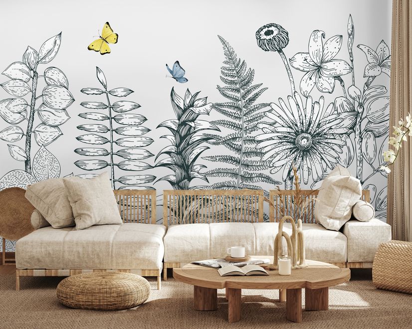 Charcoal Leaf and Flower Wallpaper Mural