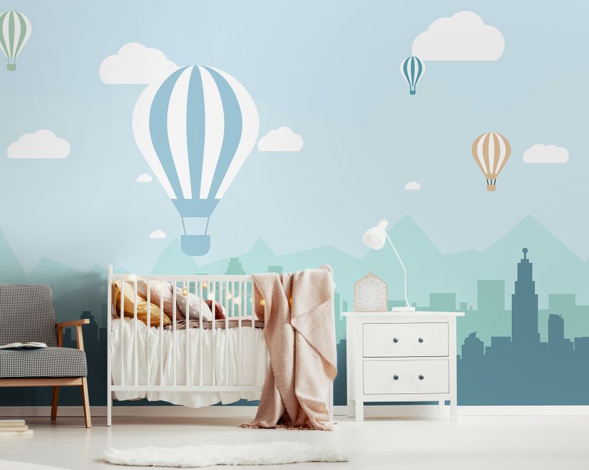 Hot Air Balloon and Blue City Landscape Wallpaper Mural