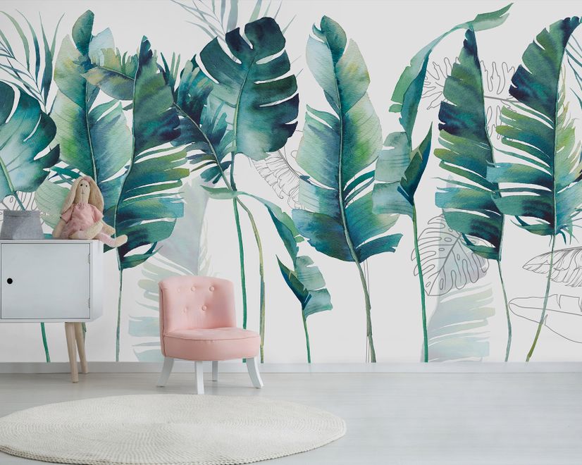 Monochrome Green Banana Leaf Wallpaper Mural