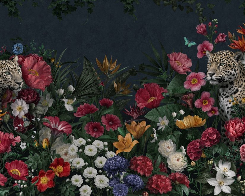 Elegante tropische botanische Blumen- und Leoparden-Fototapete