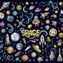 Kinder Cartoon-Weltraum mit Astronaut und bunten Planeten Fototapete