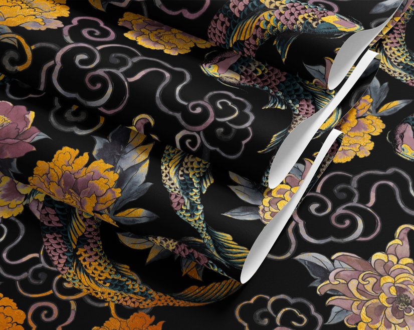 Japanese art wallpaper pattern with koi fish, gold peonies, mauve flowers and grey clouds on black