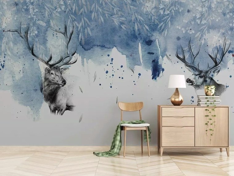 Snow Landscape with Horned Deer Wallpaper Mural