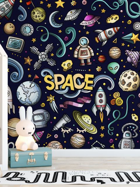 Kinder Cartoon-Weltraum mit Astronaut und bunten Planeten Fototapete