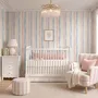 Blue and light blue wallpaper with hand-painted vertical watercolour stripes on a clean white ground