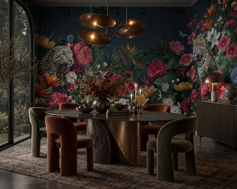 Elegant Tropical Botanical Floral and Leopard Wallpaper 