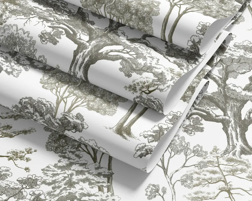 Monochrome wallpaper with grey tree toile on a clean white ground