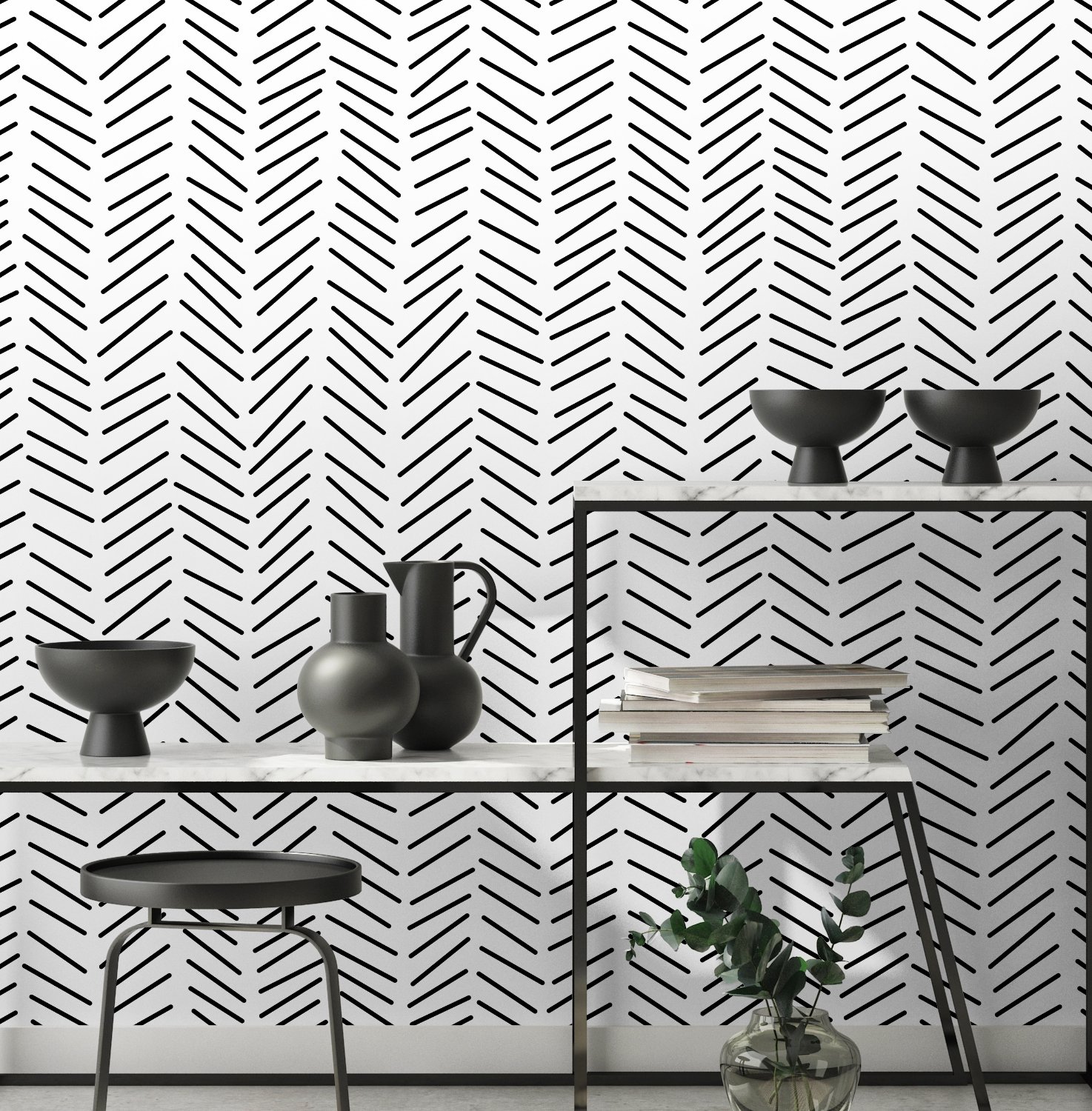 Modern Herringbone Line Black and White Wallpaper Mural - Peel and Stick
