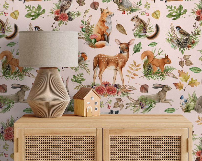 Nursery Watercolor Cute Forest Animals Pattern Wallpaper Mural