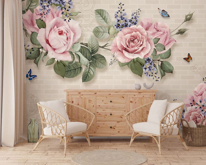Papier peint panoramique floral vintage rose pastel