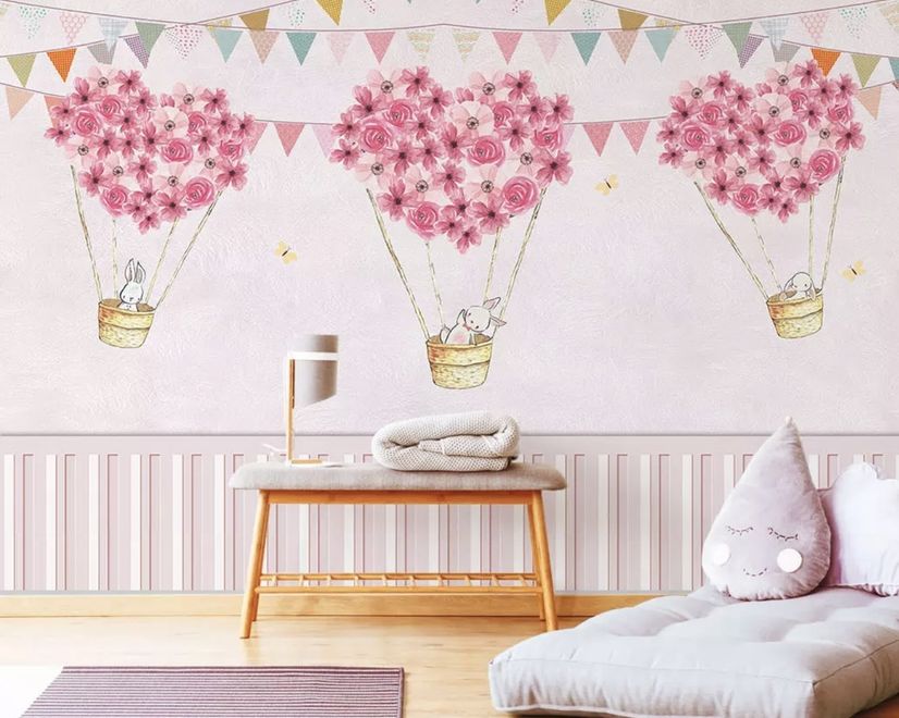 Flowery Hot Air Balloon with Rabbits Wallpaper Mural