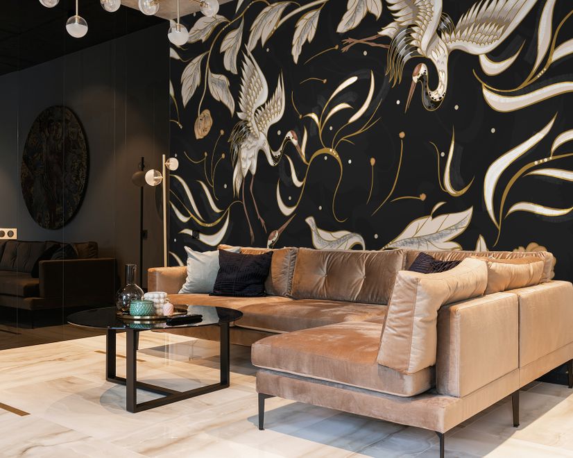 Dark Crane Birds and Brown Retro Florals Wallpaper Mural