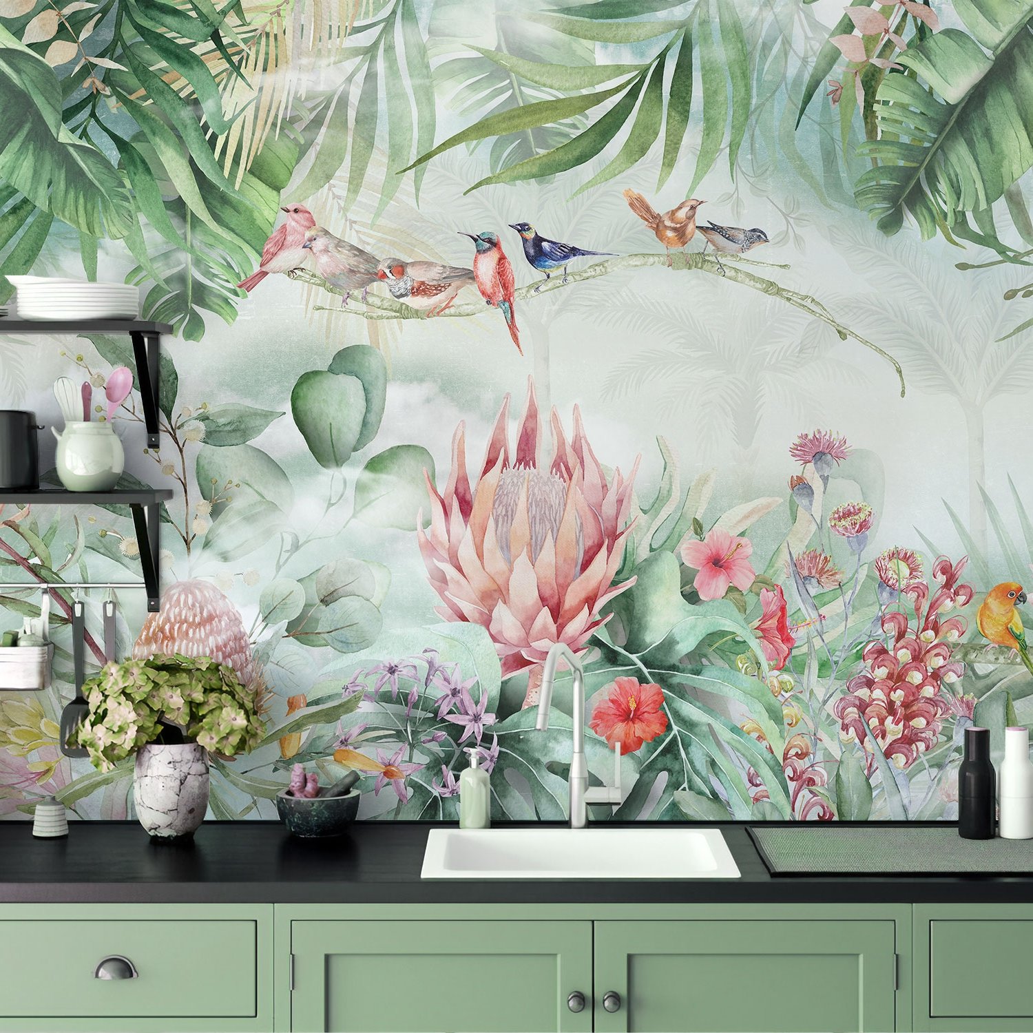 Colorful Tropical Exotic Cactus Floral with Little Birds Wallpaper Mural - Peel and Stick