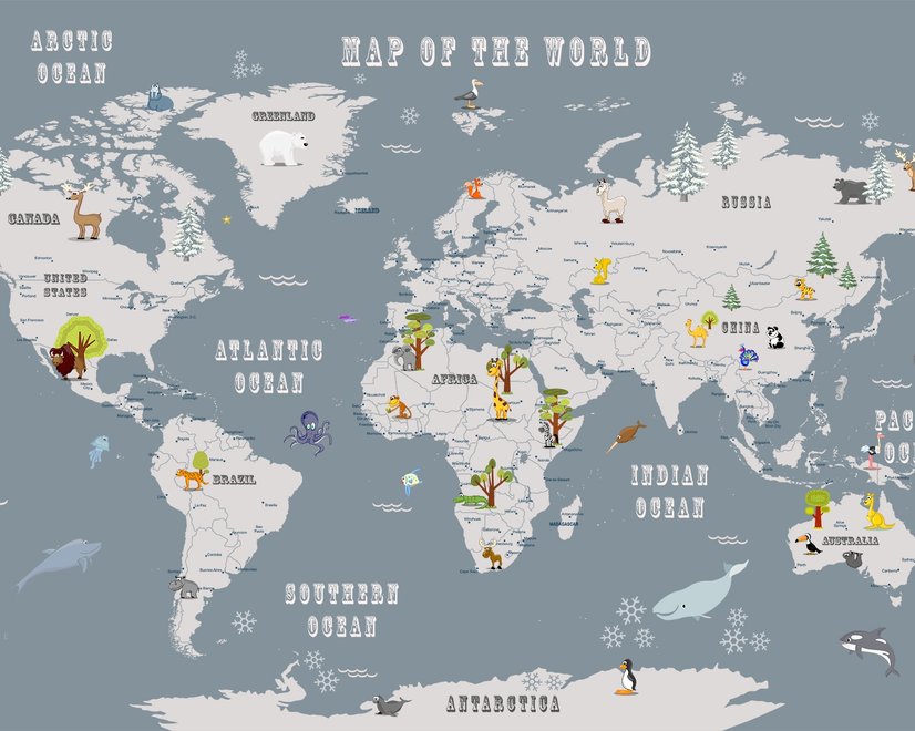 Kids Boys Kids World Map with Animals Wallpaper Mural