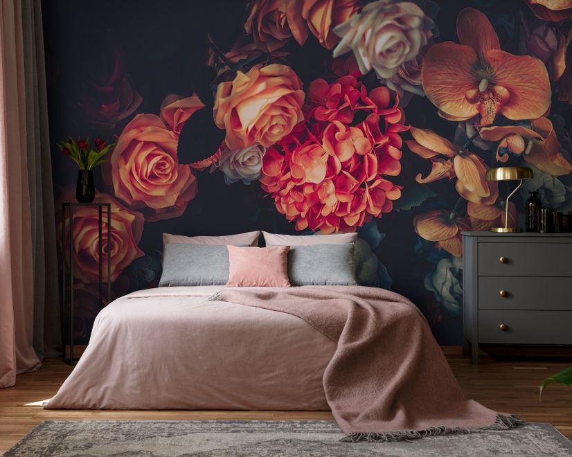 Red Hydrangea Orange Orchid Rose Dark Floral Bouqet Wallpaper Mural
