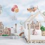 Watercolor Cute Houses with Flying Animals Wallpaper Mural for Kids