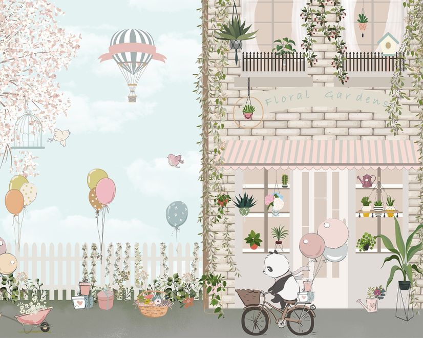 Panda Bear with Balloons  in front of Floral Garden Home Kids Wallpaper Mural