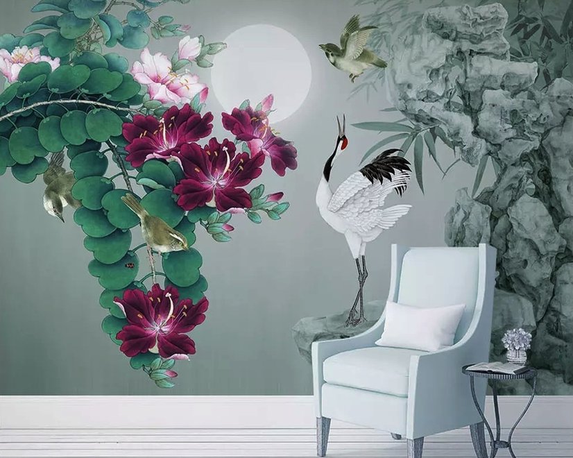 White Stork and Purple Flowers Wallpaper Mural