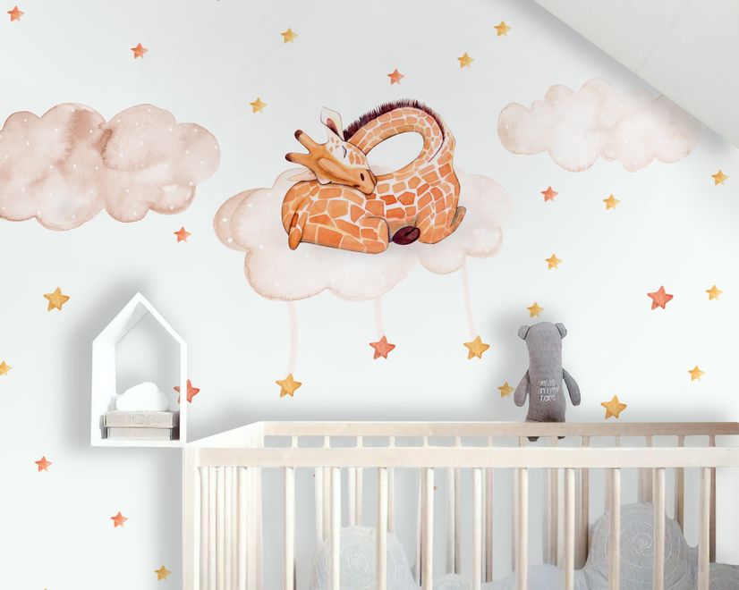 Nursery Watercolor Sleeping Giraffe and Clouds with Little Stars Wall Decal Sticker