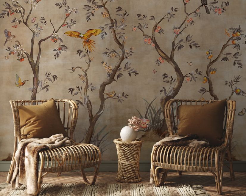 Watercolor Chinoiserie Fruit Trees Wallpaper Mural