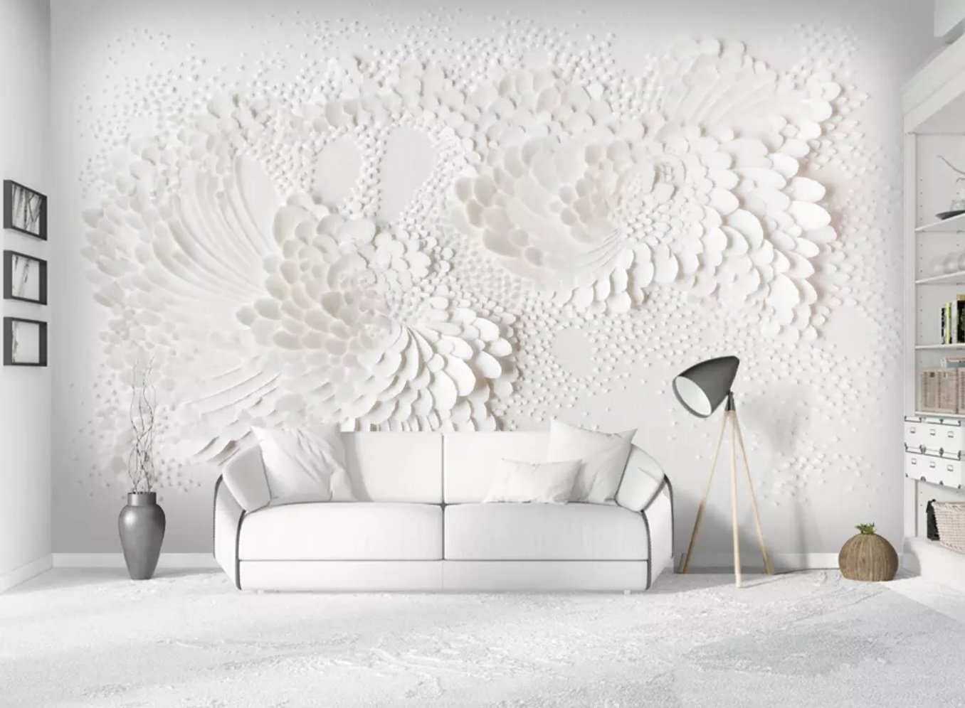3D Embossed Look White Flowers Wallpaper Mural - Peel and Stick