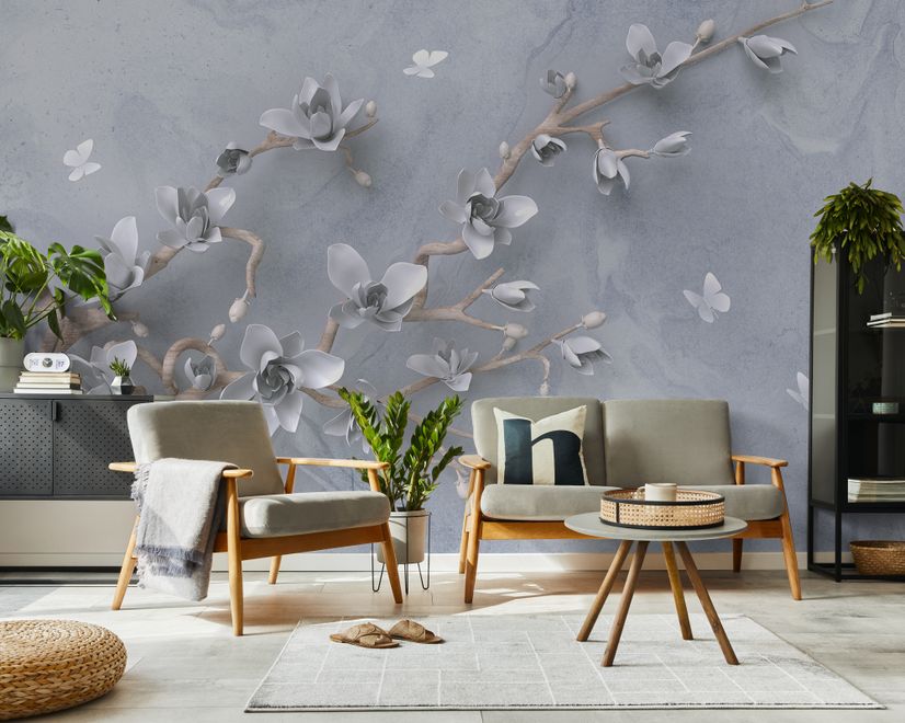Künstlerische Magnolienblüten und Zweige Fototapete