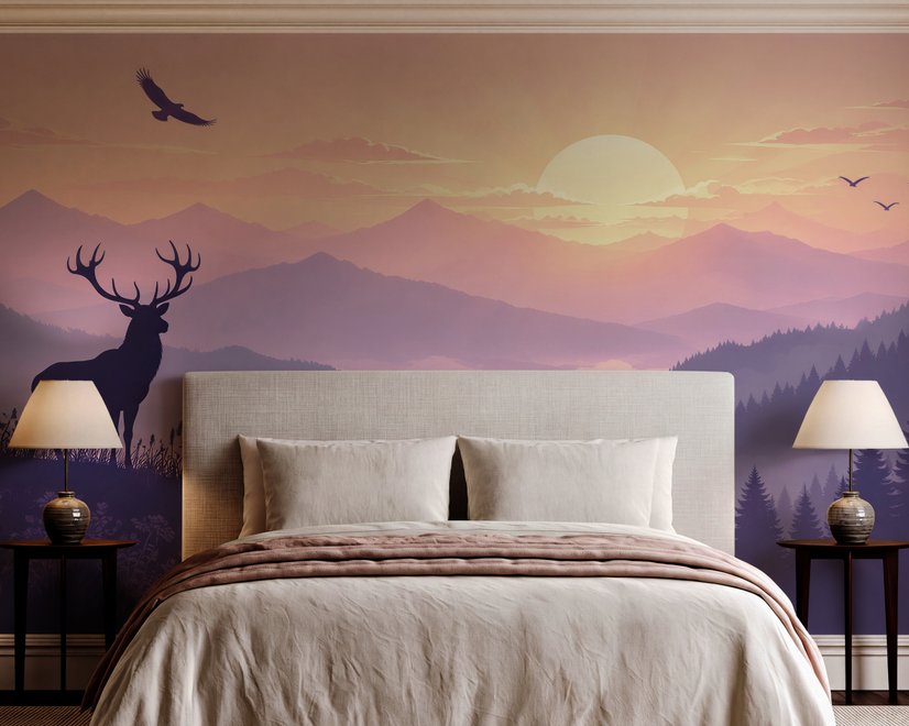 Stag mountain wallpaper with a navy deer silhouette, lavender pine ridges and a pale golden sun