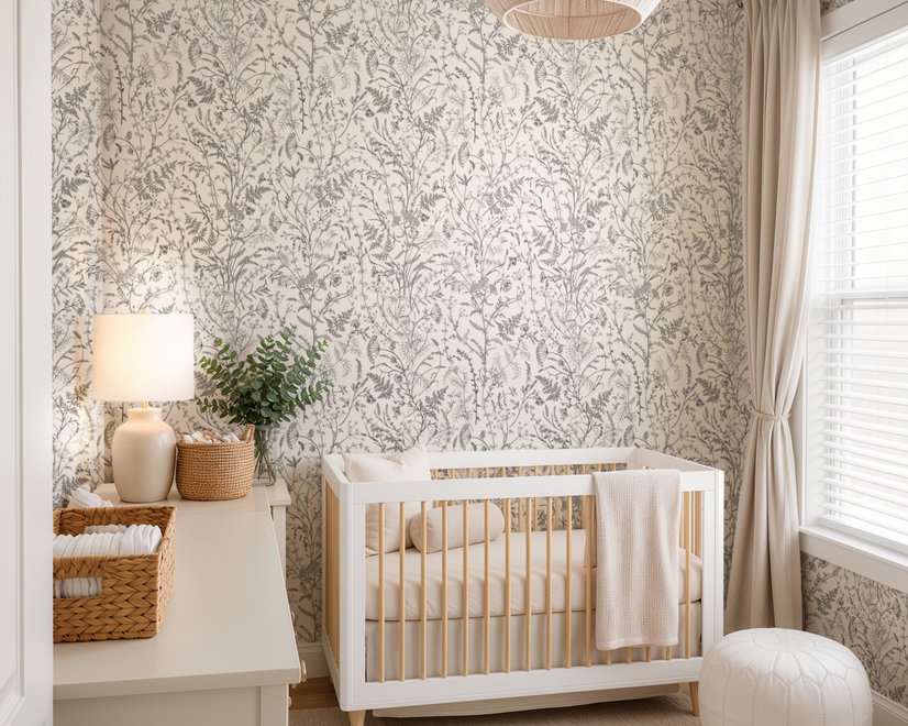Black outline botanical wallpaper with charcoal wildflowers and grasses on a warm ivory cream ground