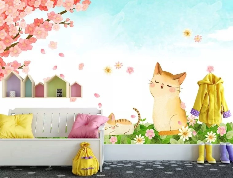 Fototapete Kirschblüten und Cartoon-Katzen