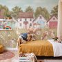 Watercolour rustic farmhouse wallpaper mural with horse, cow, llama, dog, tractor and cottage barns in a wheat meadow
