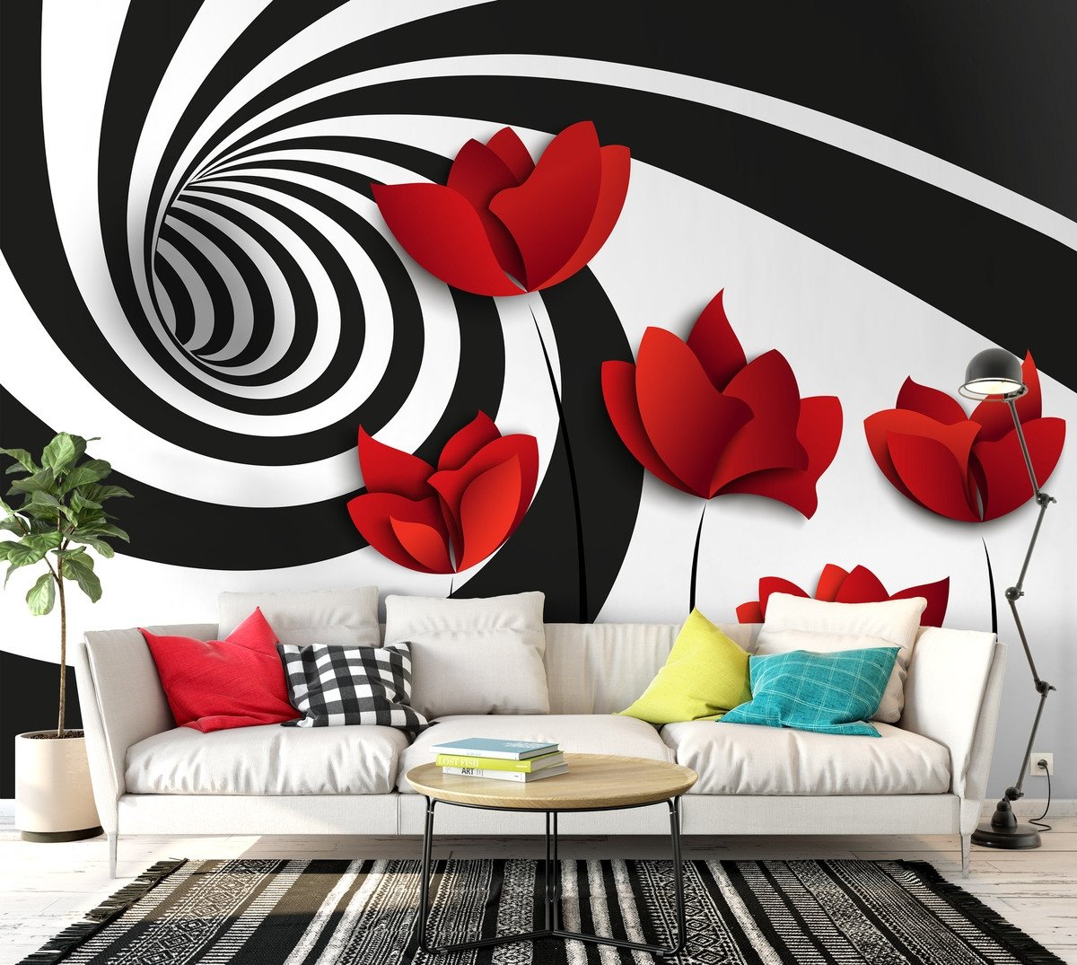 Red Poppy Floral with Abstract Fractal Wallpaper Mural - Peel and Stick