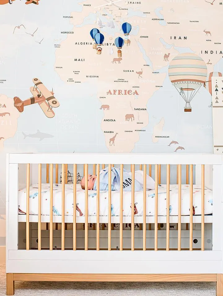 Beige Kids World Map with Hot Air Balloon Wallpaper Mural