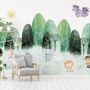 Papier peint panoramique aquarelle, arbres et animaux de dessins animés