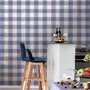 Blue and red plaid wallpaper with denim blue, cream and sky blue woven checks and fine red stripes