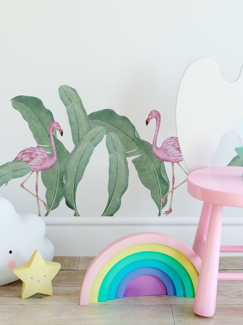 Kids Pink Flamingo and Green Banana Leaves Wall Decal Sticker