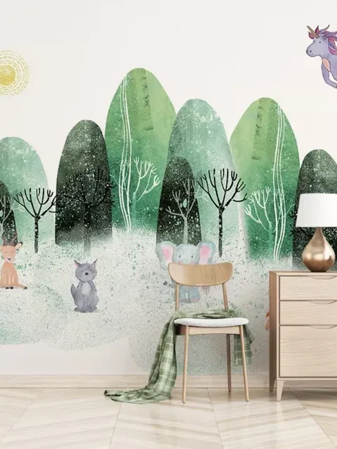 Watercolor Cartoon Trees and Animals Wallpaper Mural