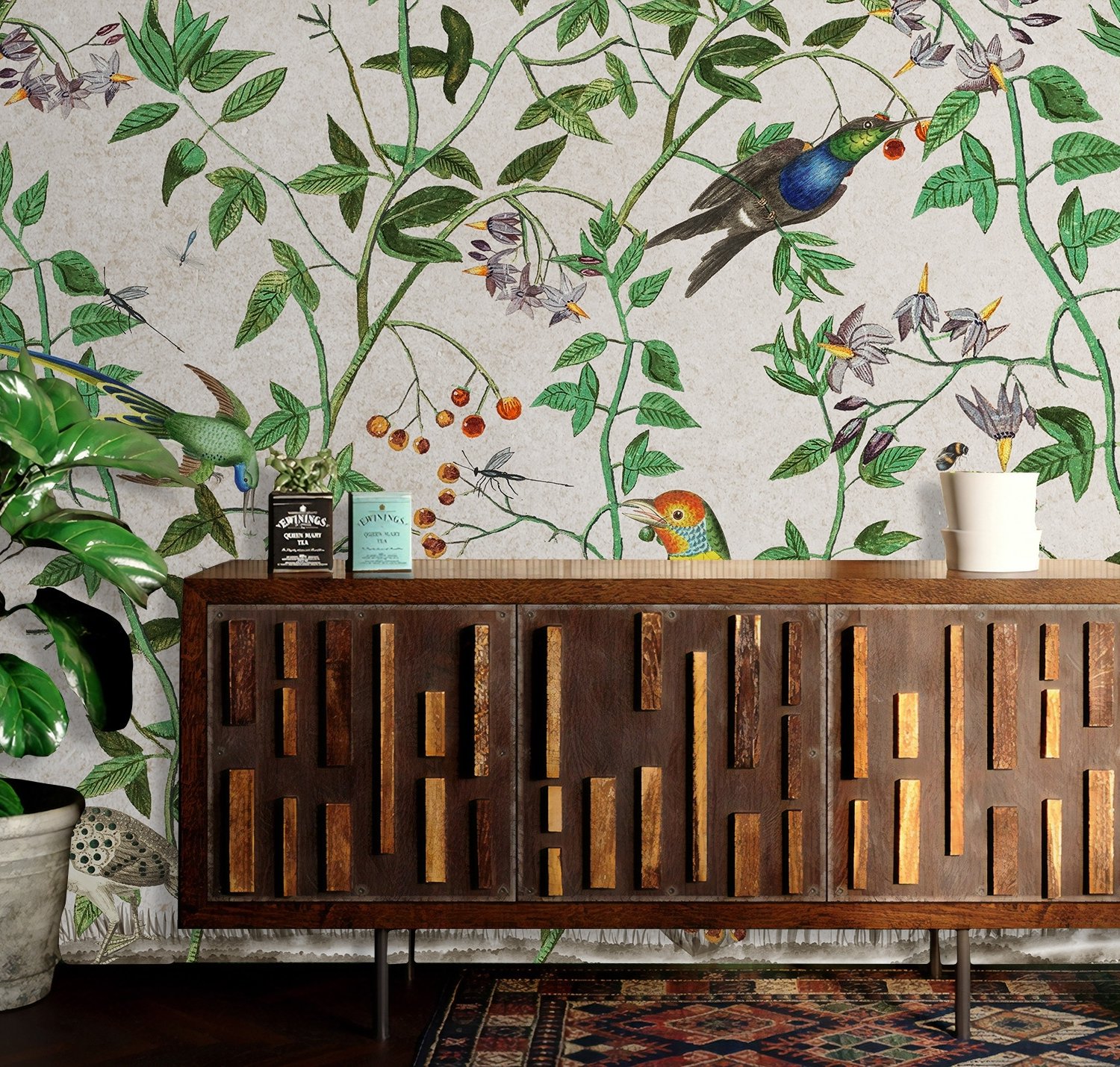 Tropical Green Leaves with Stork and Duck Wallpaper Mural - Peel and Stick