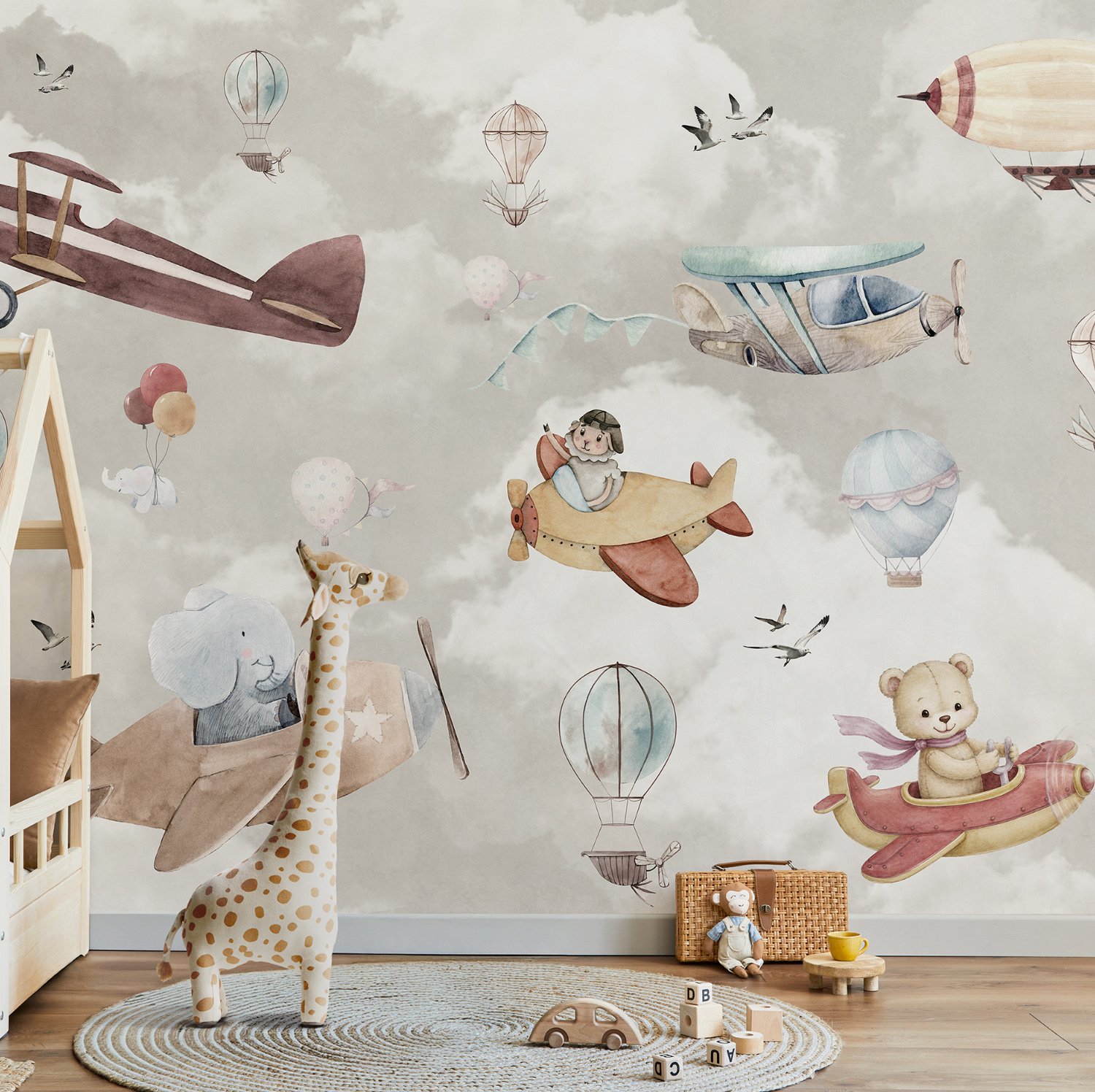 Nursery Cartoon Animals Flying with Aircraft Wallpaper Mural - Peel and Stick