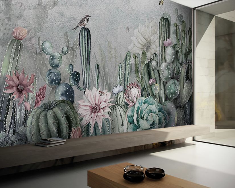 Aquarell-Kaktus mit Blumen Fototapete