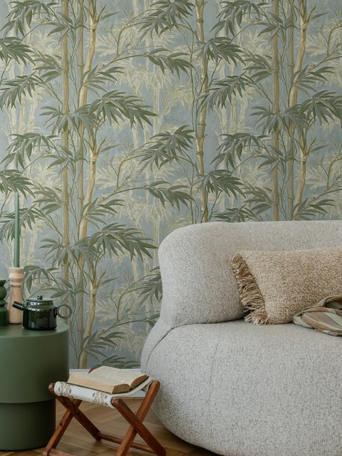 Bamboo oil painting wallpaper with olive leaves and ochre canes on a soft blue-grey ground
