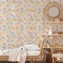 Spring floral wallpaper with pastel watercolour flowers and sage leaves on a clean white ground