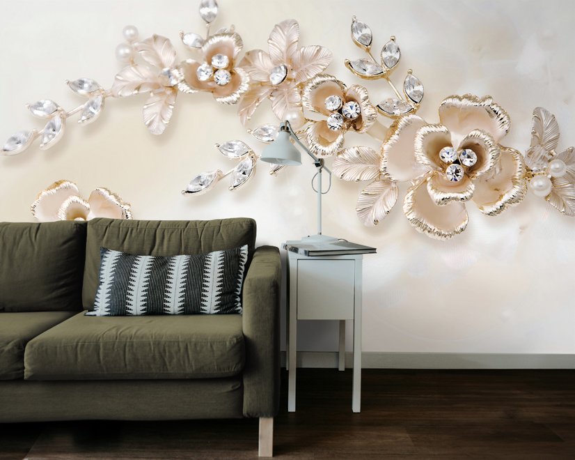 Papier peint panoramique floral rose Swarovski crème