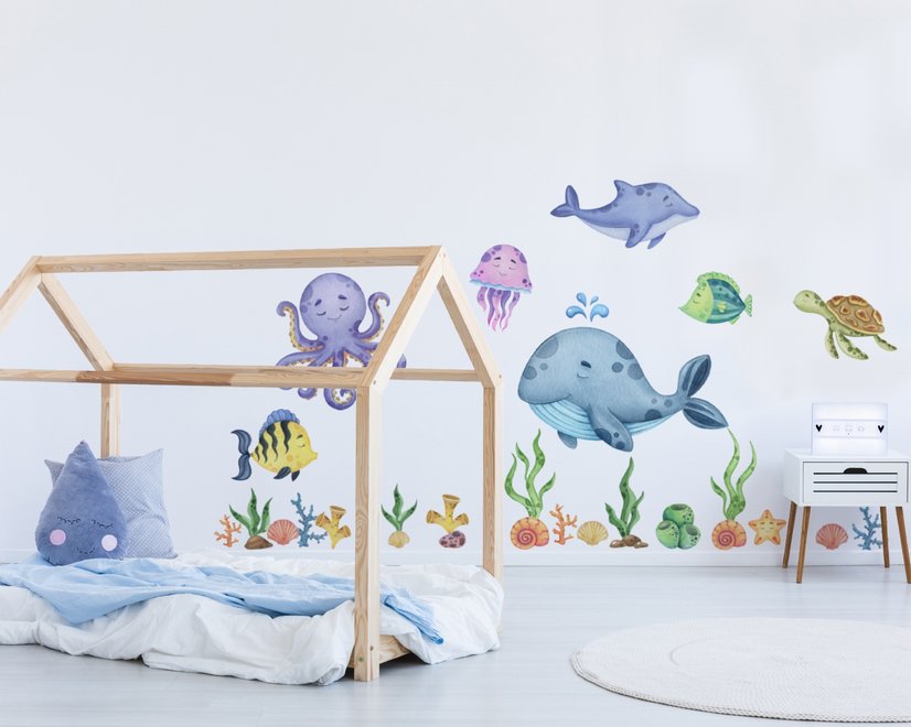 Sticker mural sous-marin bébé avec baleine mignonne et animaux marins