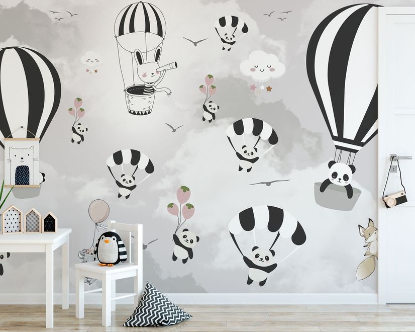 Hot Air Balloon with Cartoons Animals Kids Nursery Wallpaper Mural