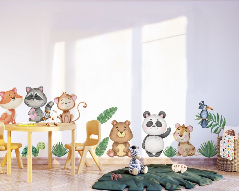 Kids Cute Animals with Banana Leaves Wall Decal Sticker