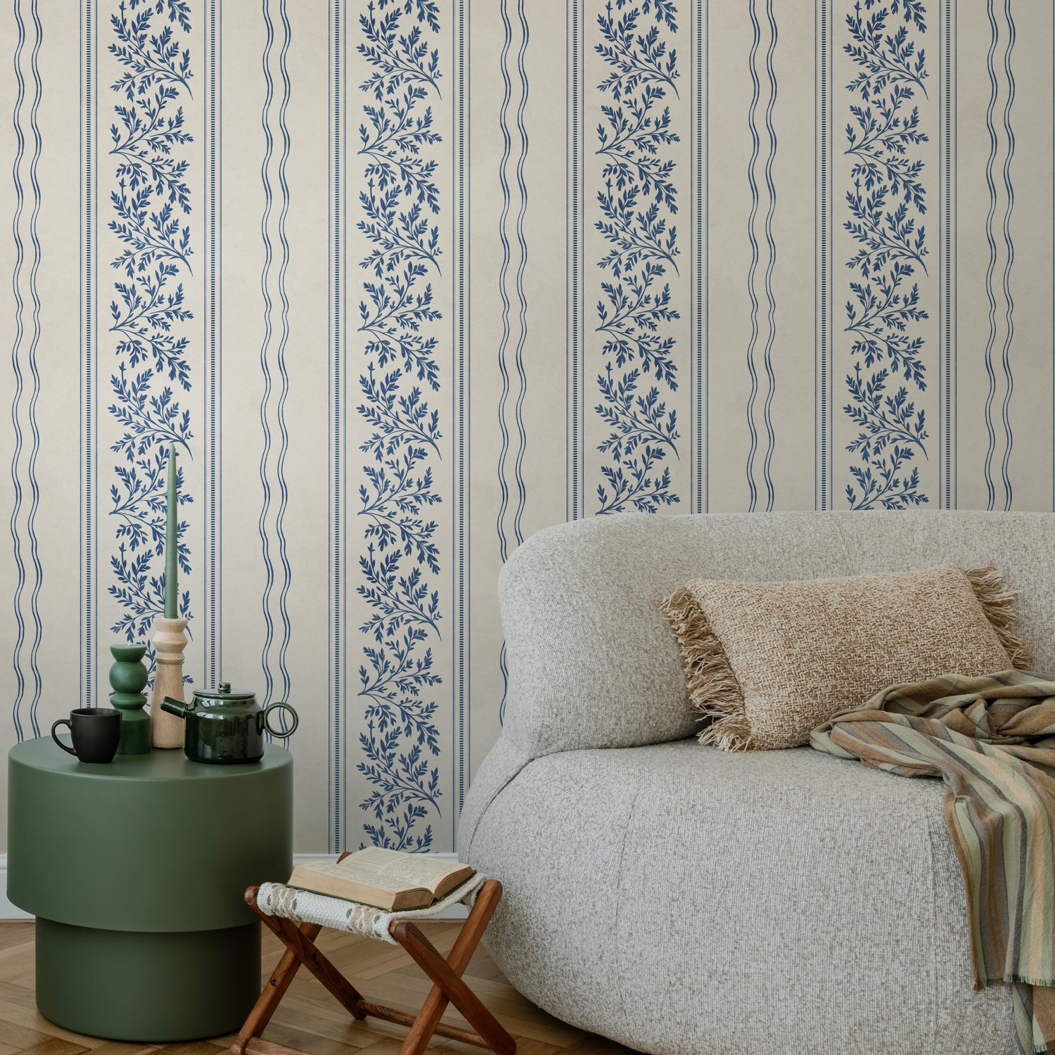 Blue Botanical Stripe Wallpaper - Peel and Stick